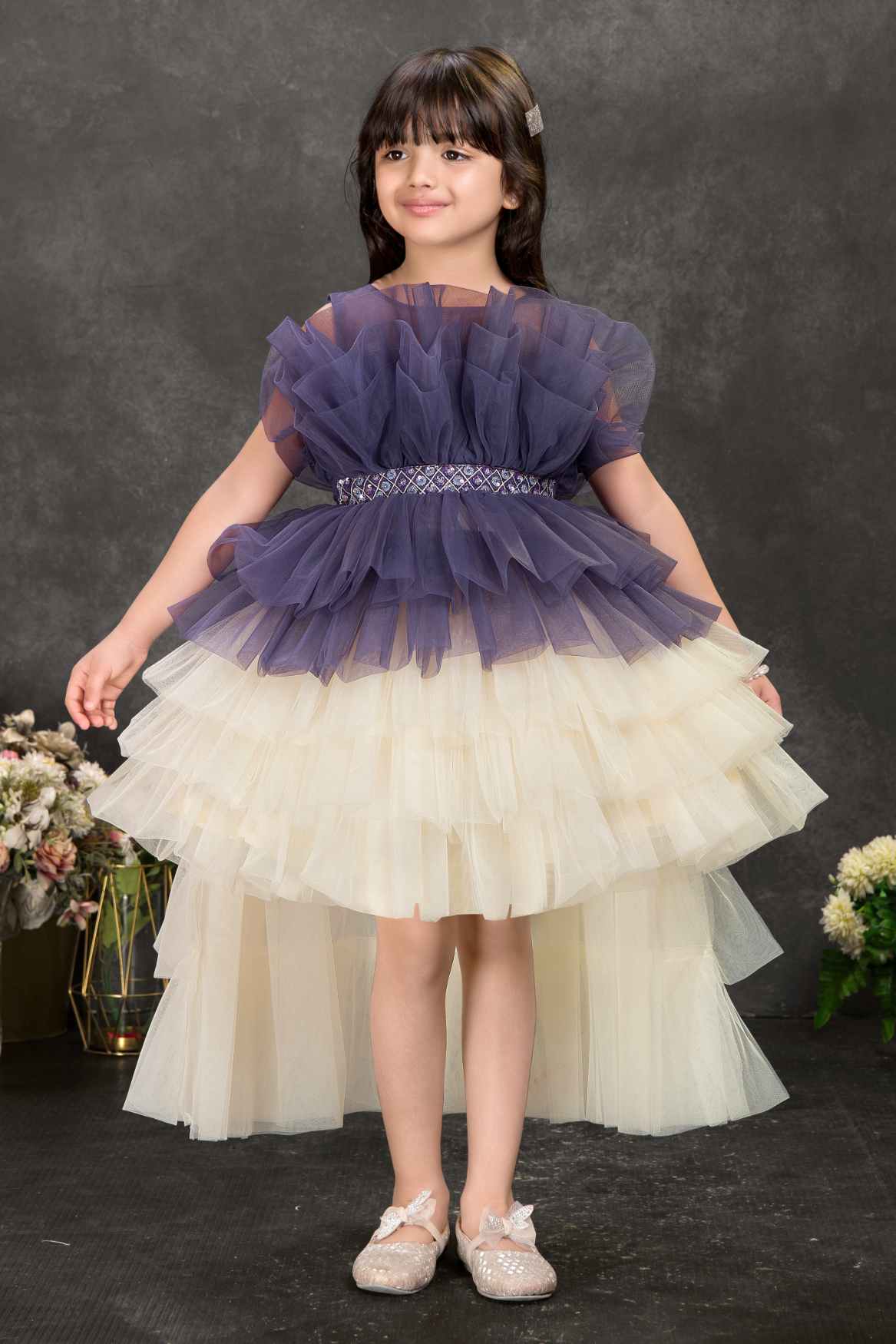 Navy Blue and Ivory Layered Tailback Party Dress For Girls