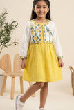 Mustard Yellow & Ivory Embroidered Dress With Cropped Jacket For Girls
