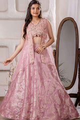 Pink Sequins Embroidered Lehenga Choli Set With Over Coat Set For Girls