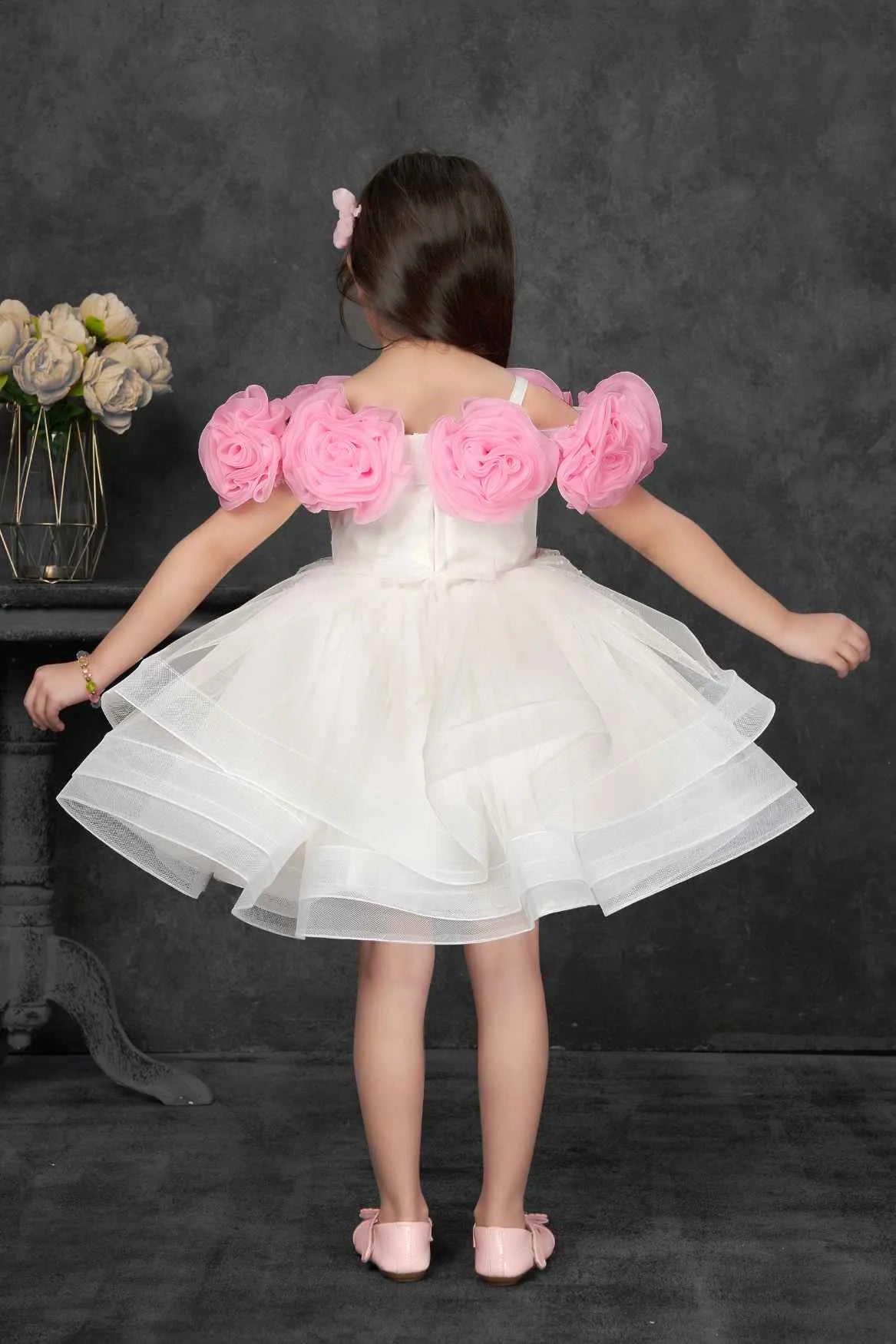 White and Pink Floral Ruffled And Sequins Worked Party Frock for Girls