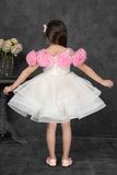 White and Pink Floral Ruffled And Sequins Worked Party Frock for Girls