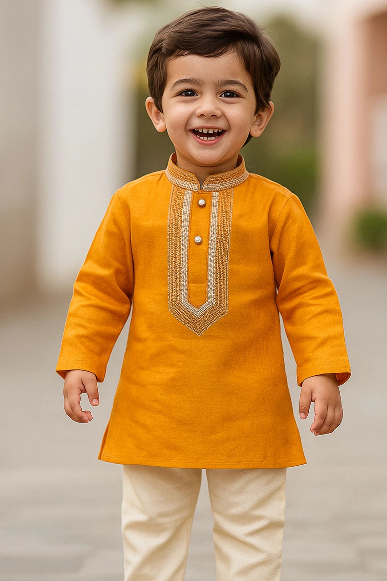 Classic Mustard Yellow Embroidered Kurta with Cream Pajama Set For Boys