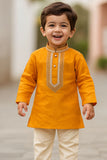 Classic Mustard Yellow Embroidered Kurta with Cream Pajama Set For Boys