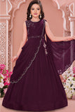 Girls Wine Embroidered Lehenga Choli with Draped Dupatta And Tassel Detailing
