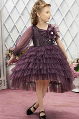 Wine Sequins And Pearl Work With Floral Embellished Frock For Girls