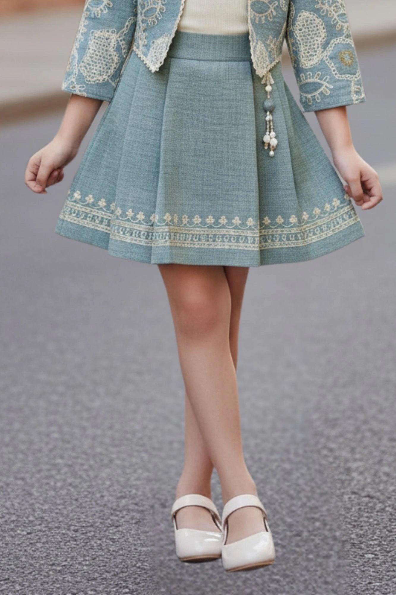 Sea Green Embroidered Jacket & Skirt Co-ord Set For Girls