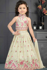 Cream Sleeveless And Sequins Embroidered Lehenga Choli Set For Girls