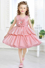 Peach Partywear Frock Embellished With Flowers For Girls