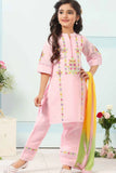 Pink Kurta Set With Multicolor Embroidery And Yellow-Green Dupatta For Girls
