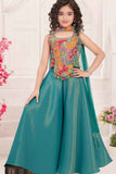 Teal Blue Embroidered Palazzo Set With Dupatta For Girls
