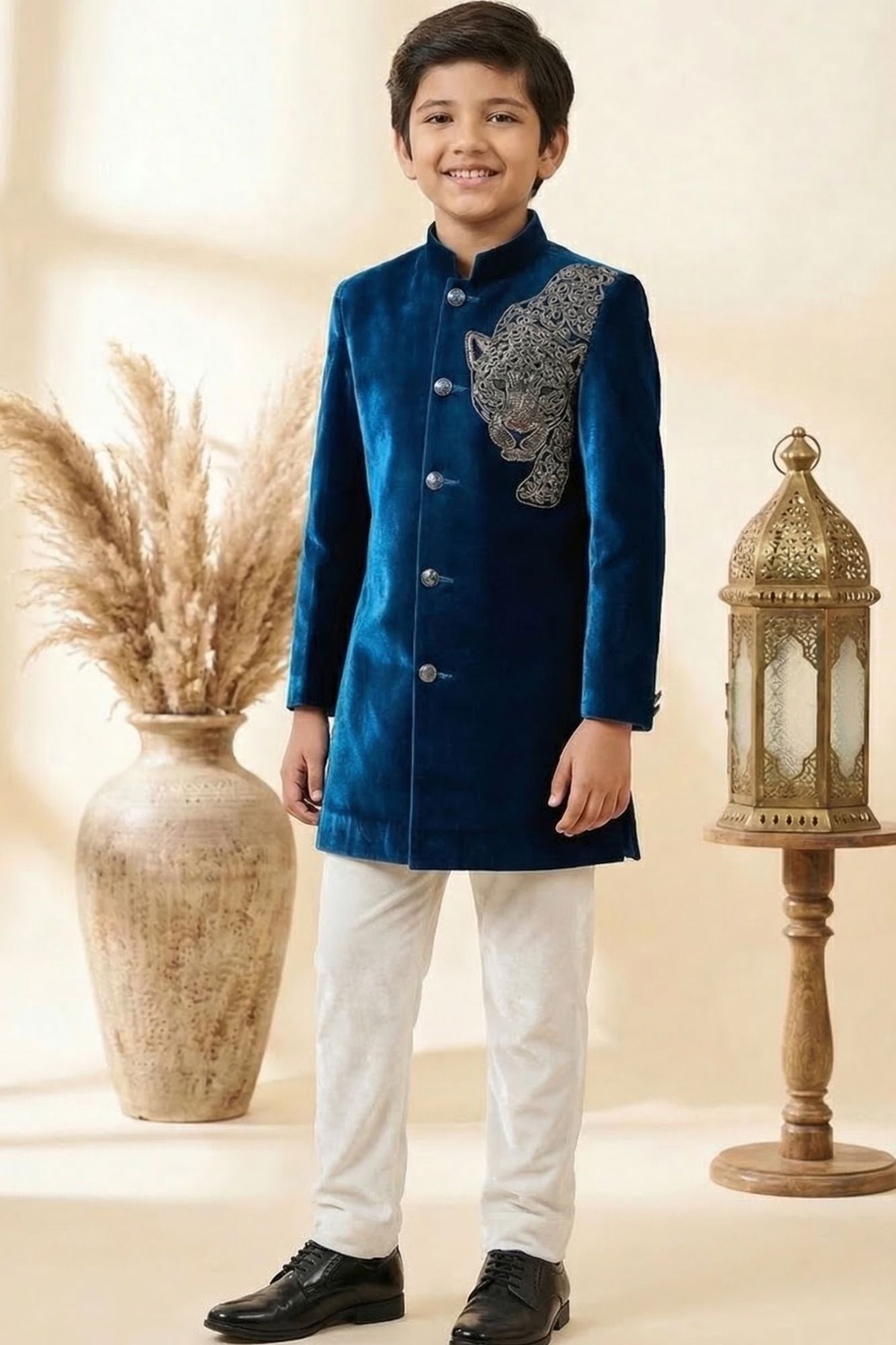 Teal Blue Sherwani Set with Tiger Embroidered Motif For Boys