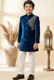 Teal Blue Sherwani Set with Tiger Embroidered Motif For Boys
