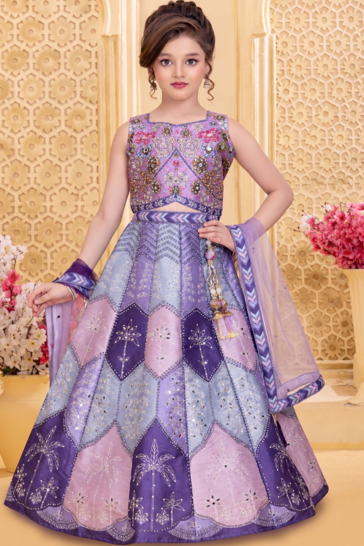 Girls Heavy Floral Embroidered Lavender Lehenga Choli Set with Dupatta