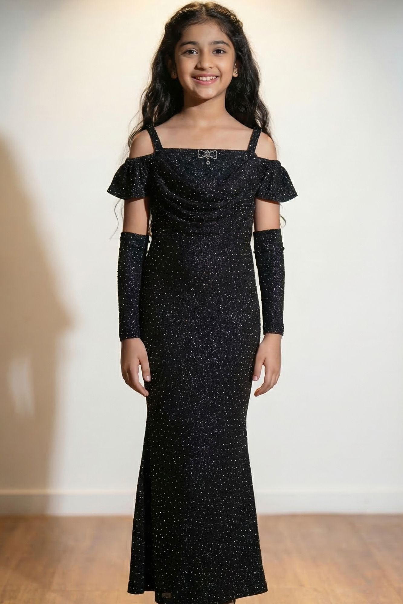 Black Glitter Off-Shoulder Party Wear Gown With Arm Sleeves For Girls