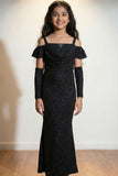 Black Glitter Off-Shoulder Party Wear Gown With Arm Sleeves For Girls