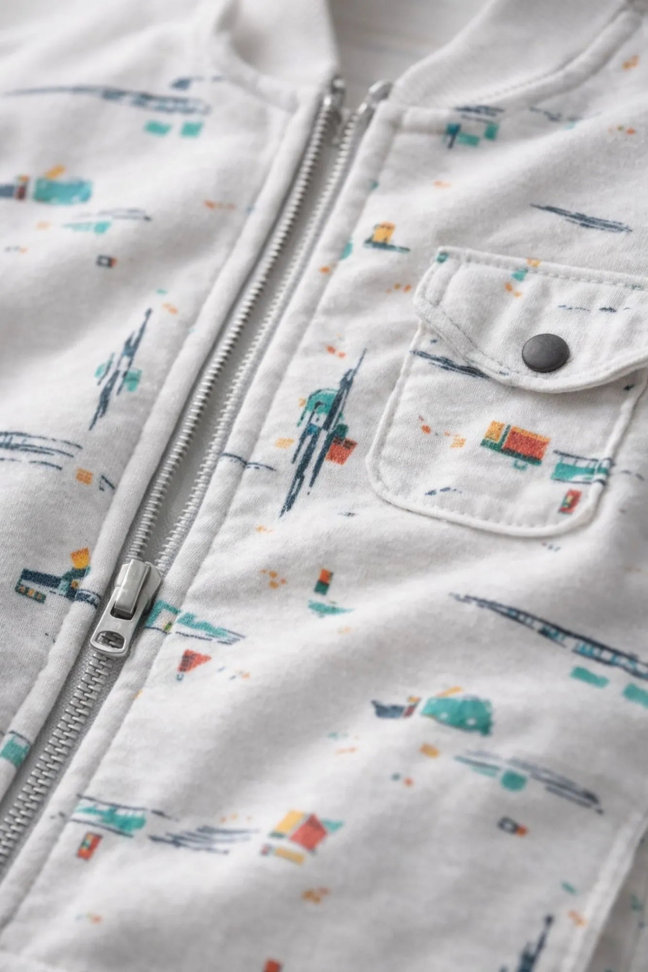 White Printed Full-Sleeve Jacket with Front Zip For Boys