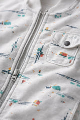 White Printed Full-Sleeve Jacket with Front Zip For Boys