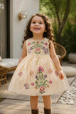 Cream Sleeveless Embroidered Frock With Butterfly Motifs & Pearls For Girls