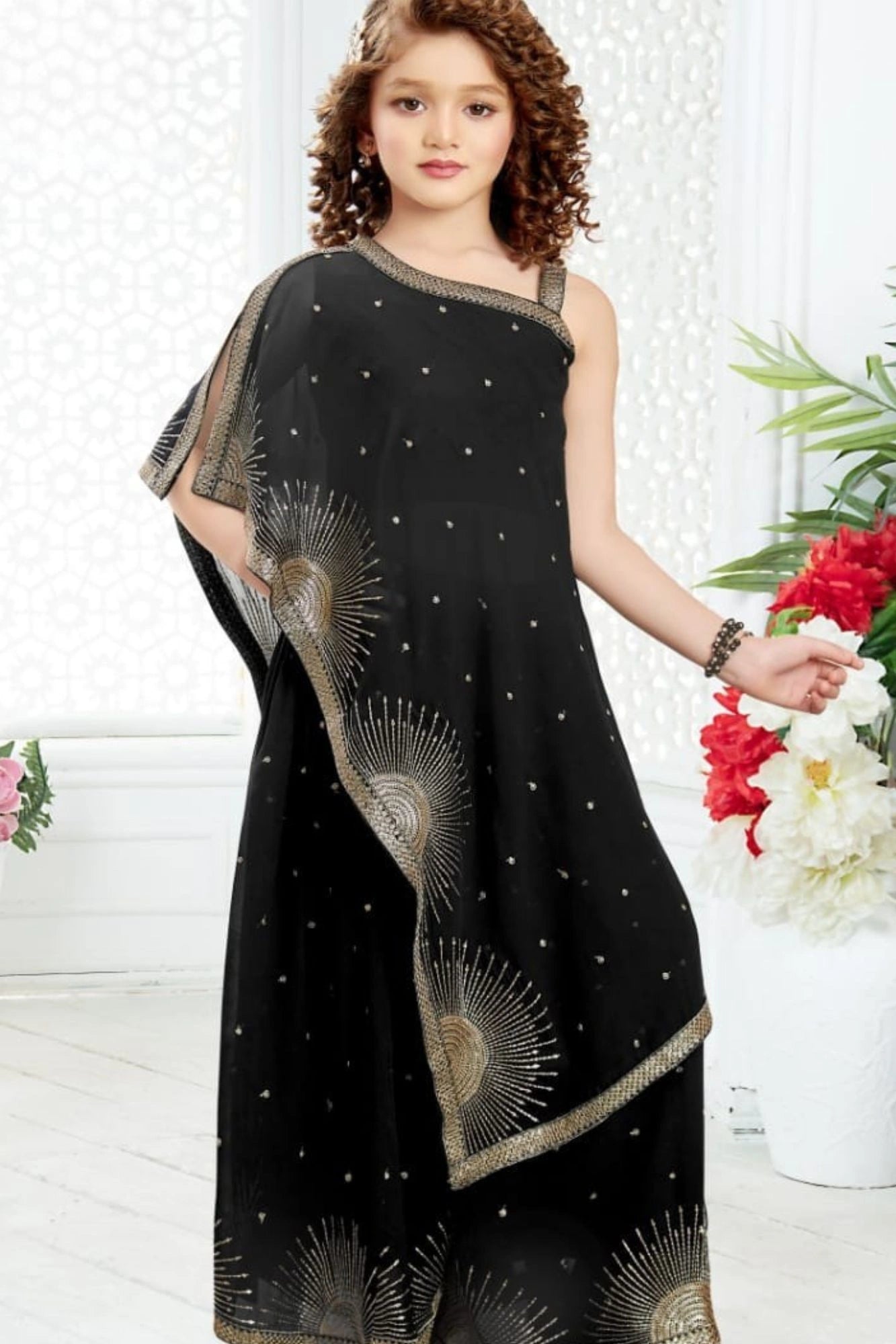Designer Black Embellished One-Shoulder Palazzo Set For Girls
