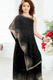 Designer Black Embellished One-Shoulder Palazzo Set For Girls