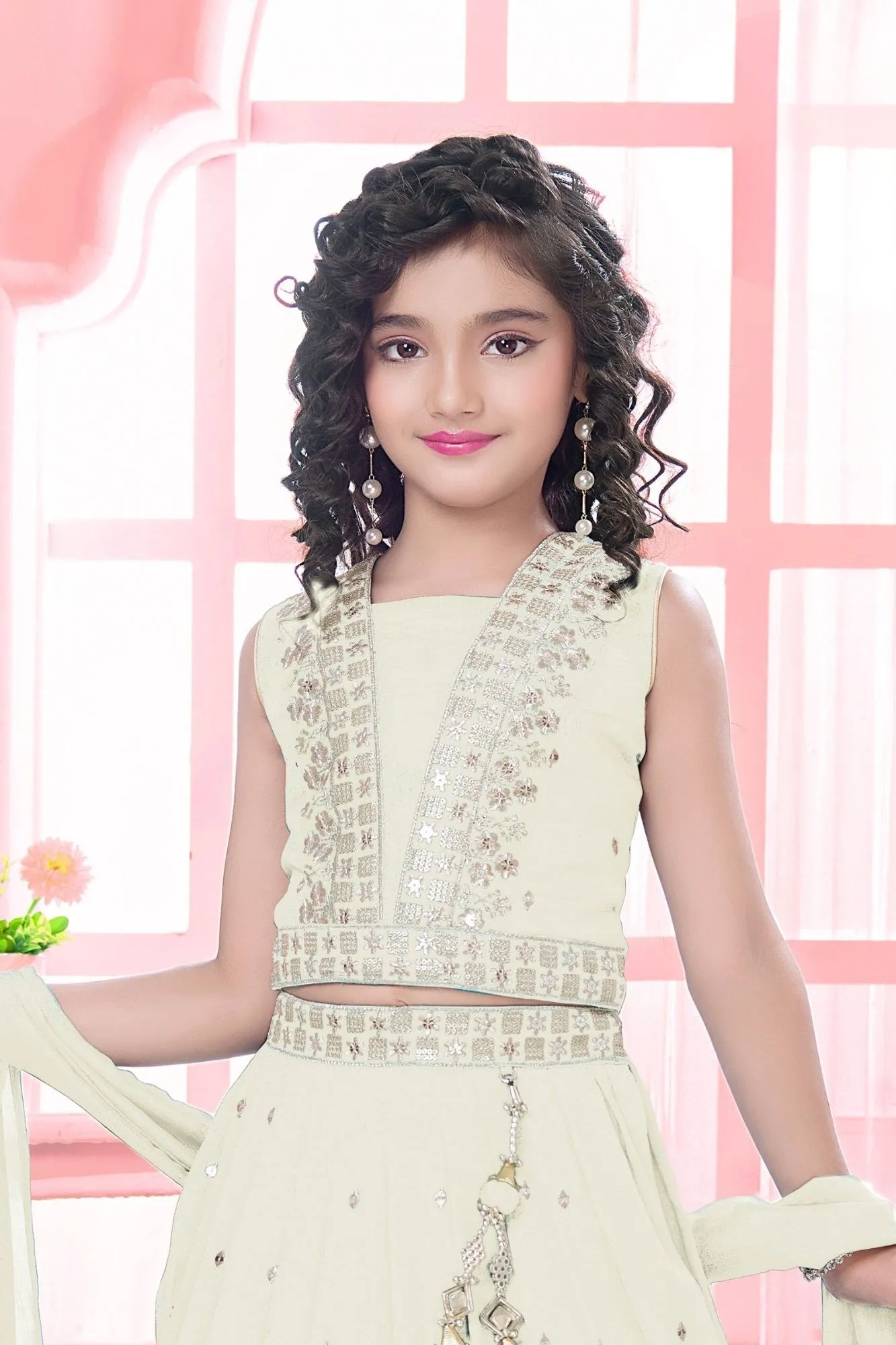Cream Embroidered Lehenga Choli Set with Dupatta For Girls