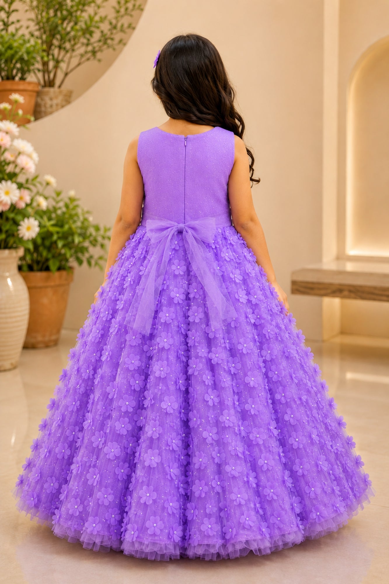 Lavender 3D Floral Appliqué Party Gown With Pleated Bow And Butterfly Brooch For Girls