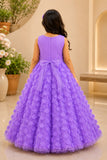Lavender 3D Floral Appliqué Party Gown With Pleated Bow And Butterfly Brooch For Girls