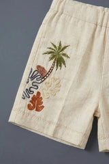 Boys Beige Shorts Set with Tropical Embroidered Shirt And Printed Tee