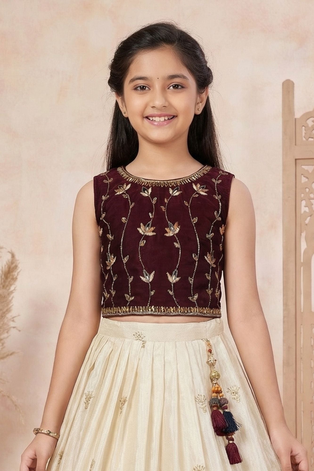 Cream Embroidered Lehenga Choli With Floral Border Design For Girls