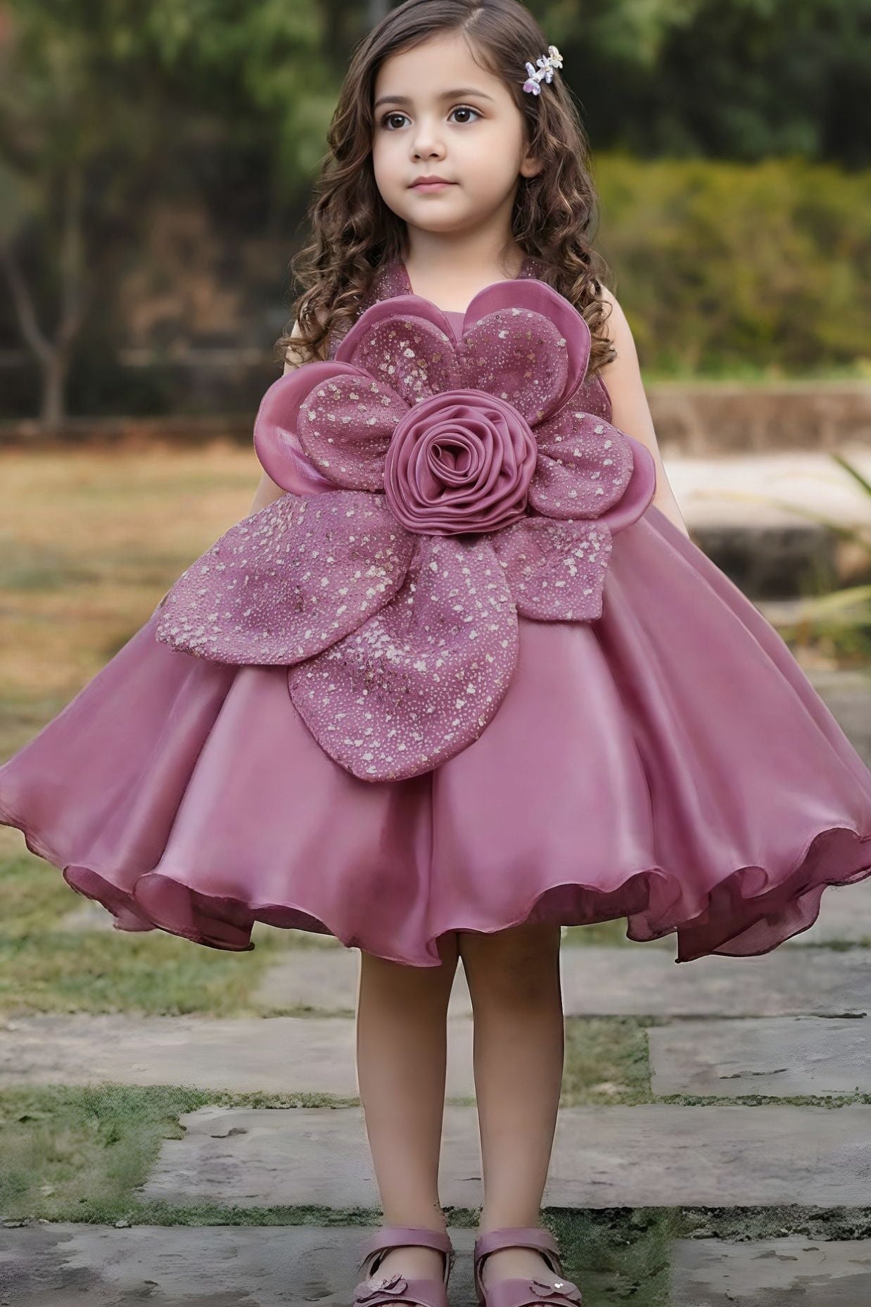 Girls Mauve Pink 3D Floral Party Dress