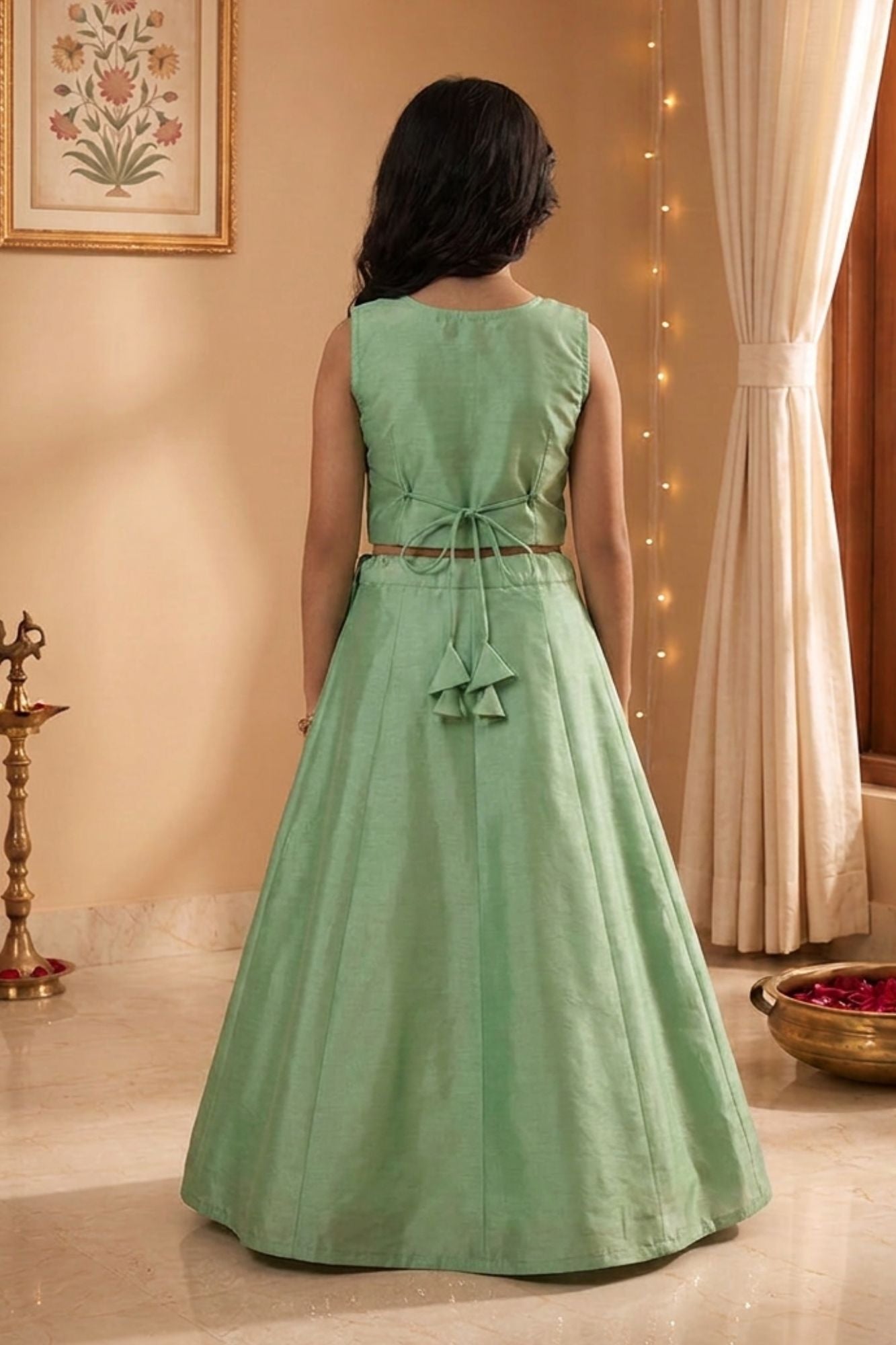 Pista Green Floral Embellished Lehenga Choli Set