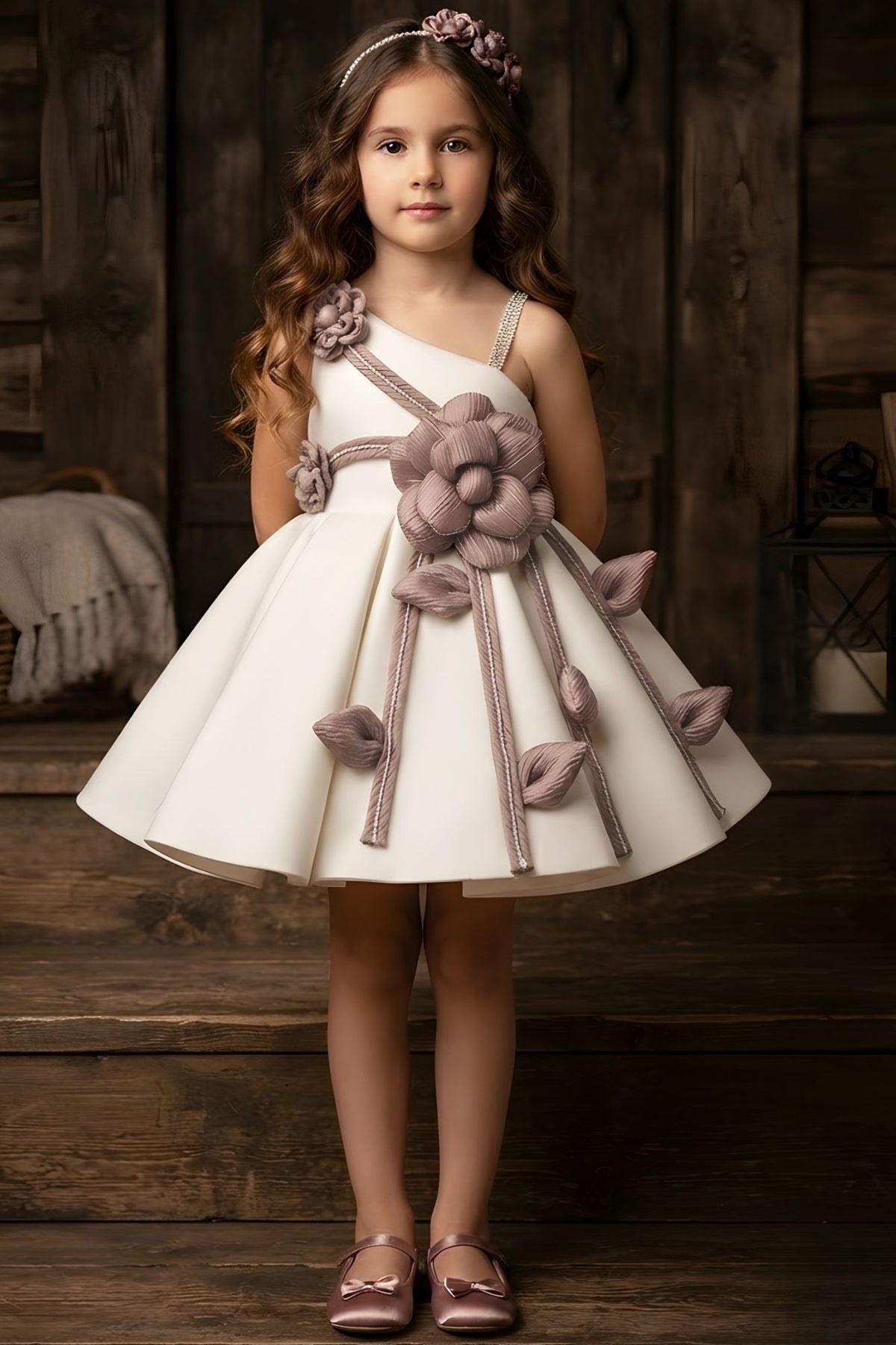 Girls Ivory And Mauve Floral Applique Party Wear Frock
