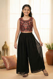 Black Paisley Embroidered Palazzo Set With Jacket for Girls