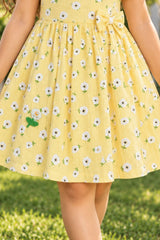 Girls Yellow Floral Printed Puff Sleeve Fit And Flare Dress