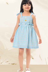 Blue And White Checked Cotton Frock For Girls