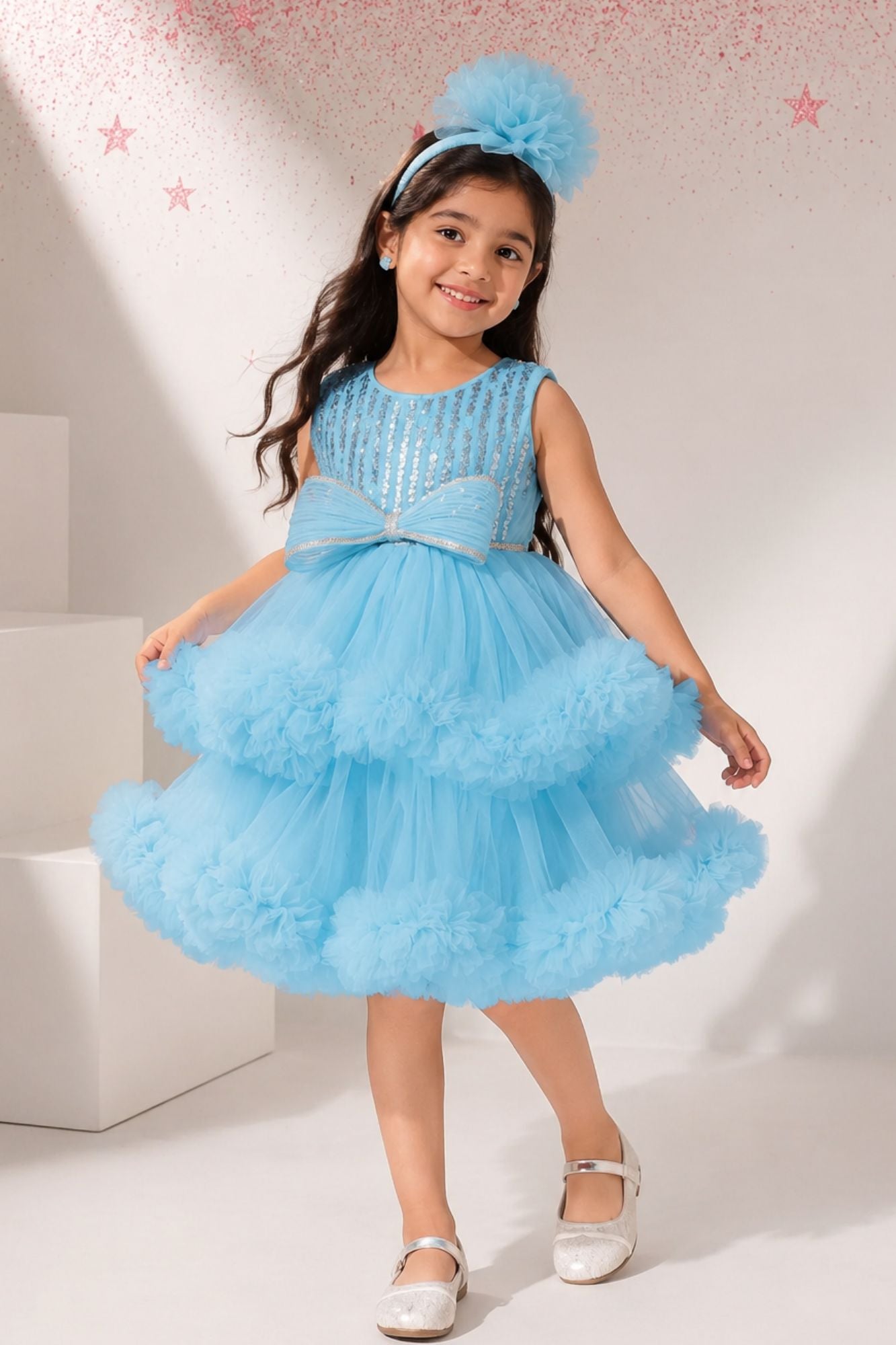 Sky Blue Sequined Ruffles Party Wear Frock for Girls