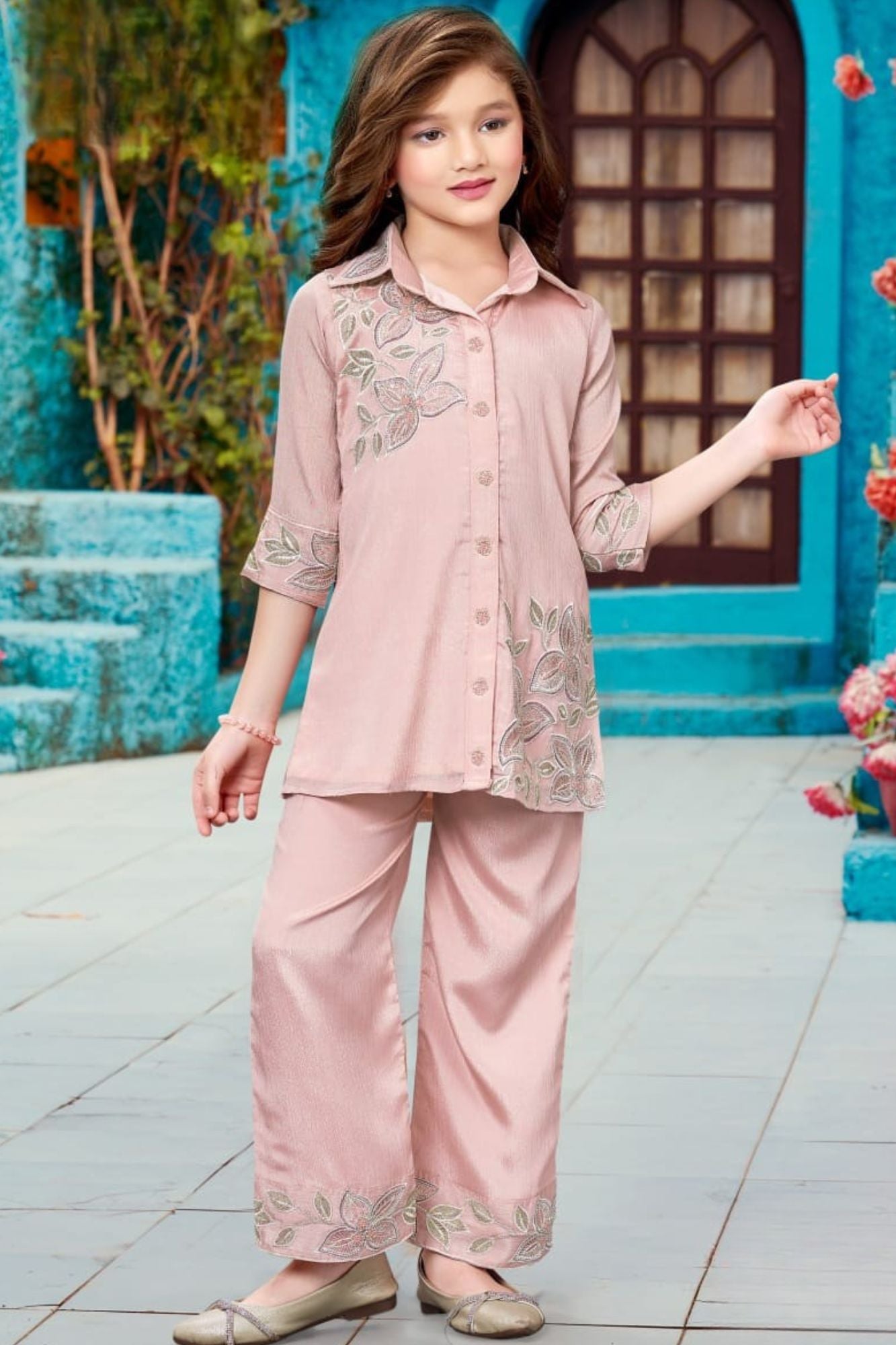 Pink Embroidered Shirt with Straight Pants Co-ord Set For Girls