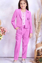 Trendy Lavender Co Ord set With Floral Embellished Overcoat For Girls