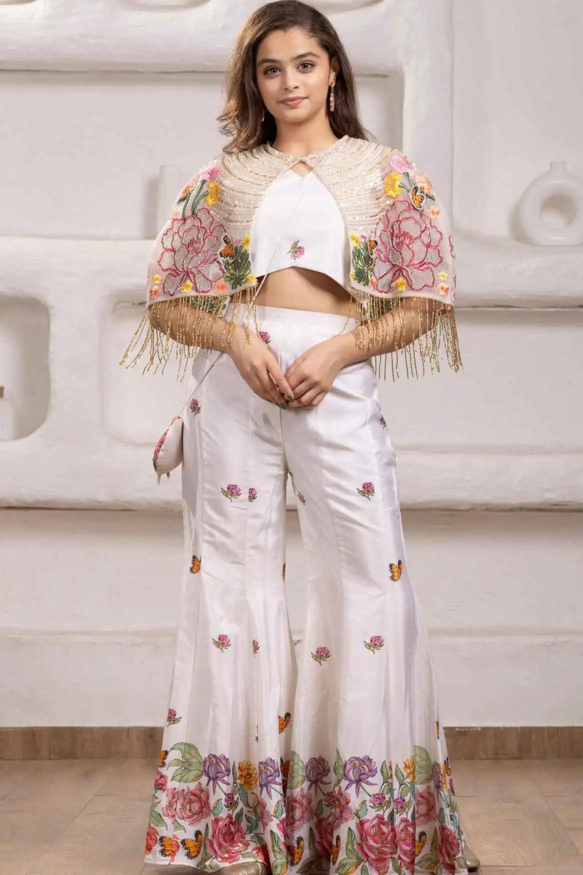 Elegant White Floral Embroidered Palazzo Set  With Embroidered Cape For Girls