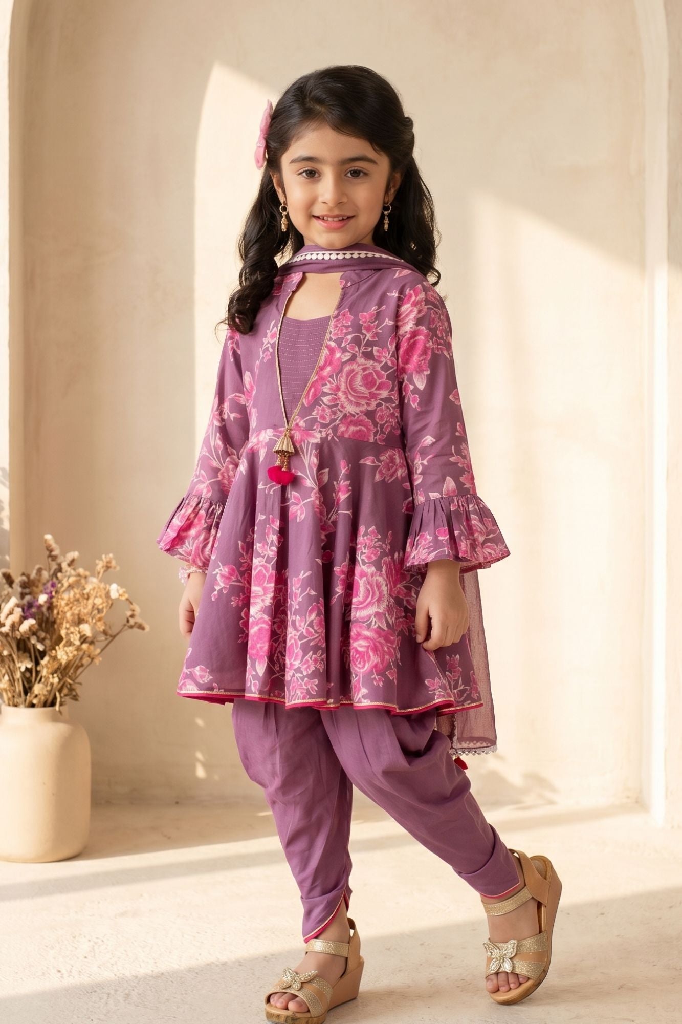 Girls Purple Floral Printed Kurti with Dhoti Pants Set