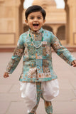 Aqua Blue Patchwork Printed Kurta Dhoti Set for Boys