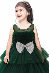 Designer Multilayer Green Gown With Bow Embellished For Girls