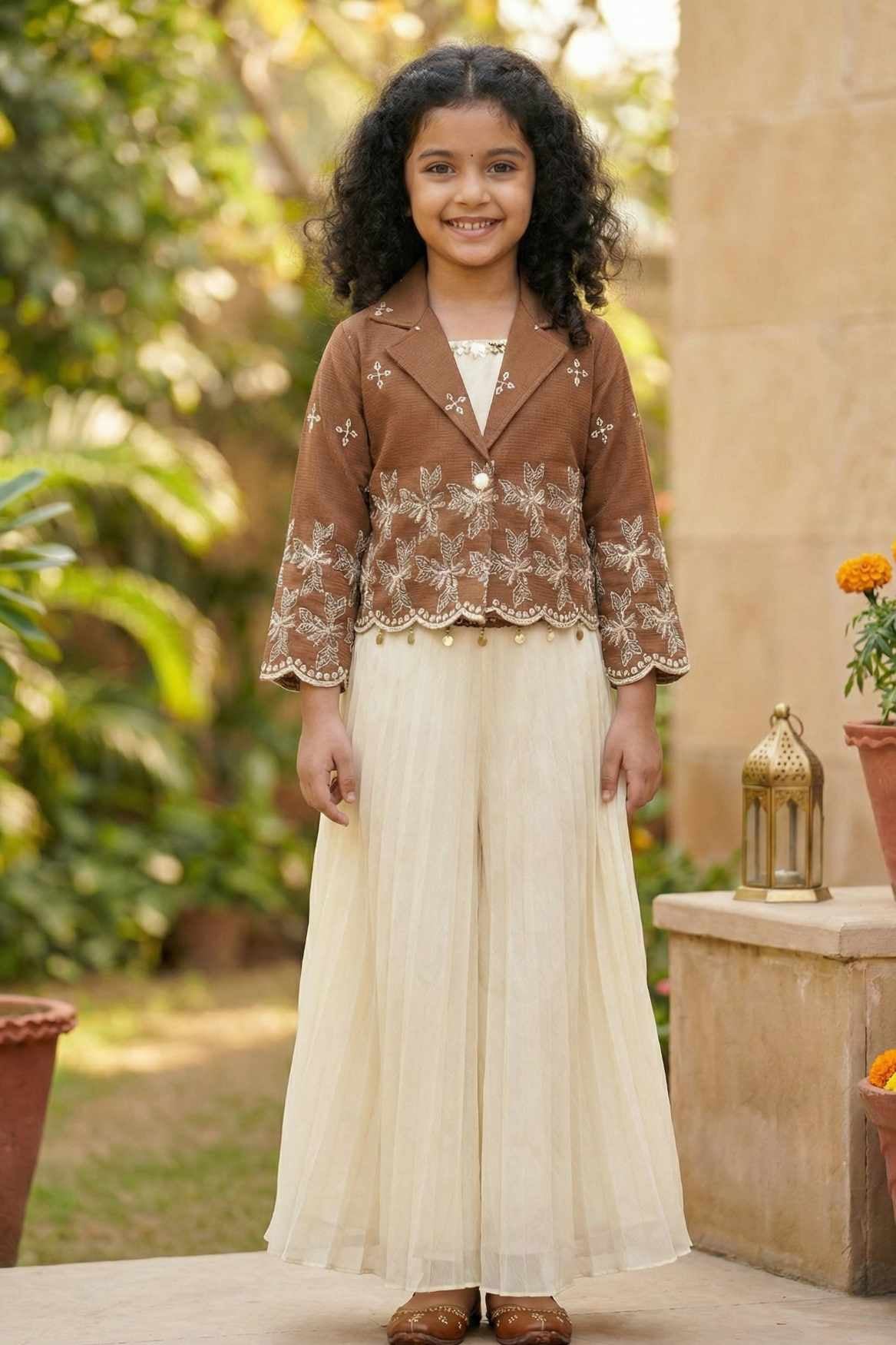 Brown and Cream Embroidered Wide Legged Pant Set With Jacket For Girls