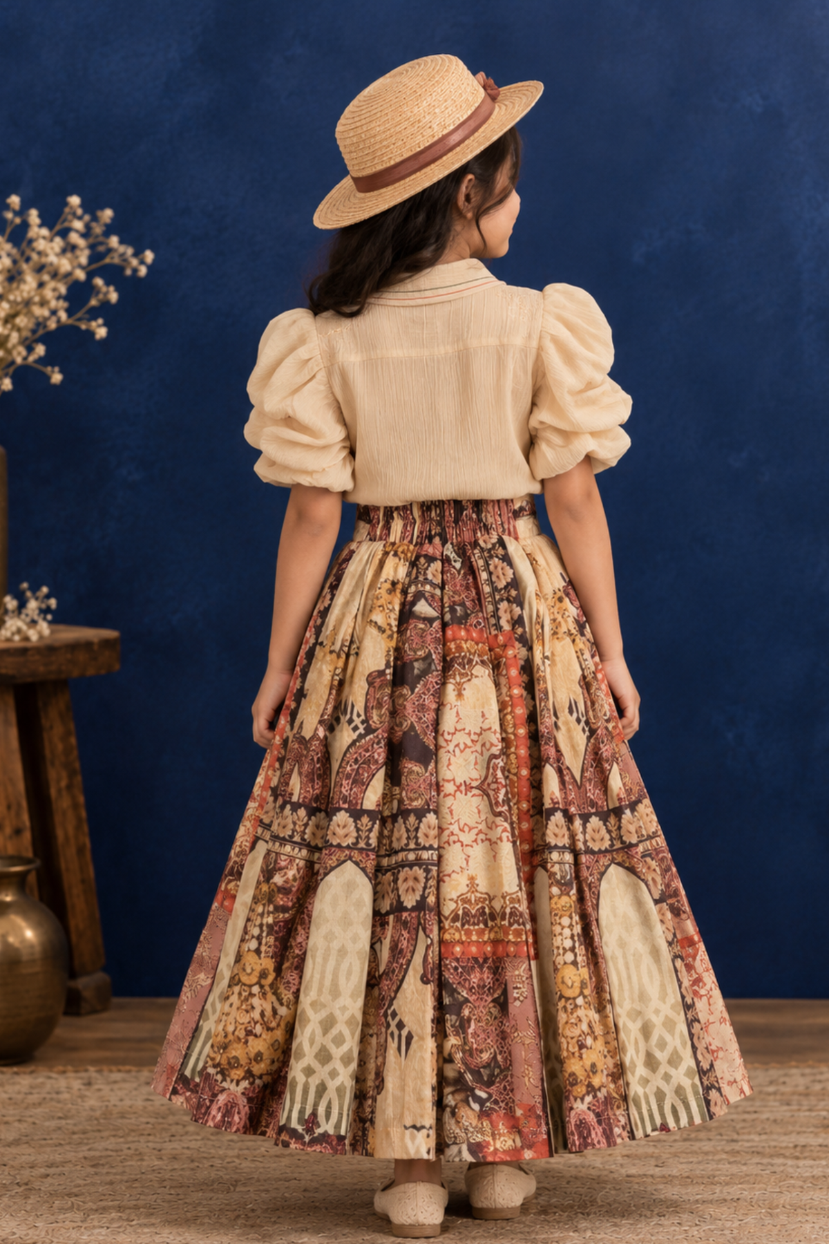 Ivory Puff Sleeve Top with Boho Printed Flared Skirt Set for Girls