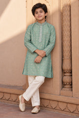 Boys Ethnic Mint Green Crushed Tissue Embriodered Kurta Pajama Set