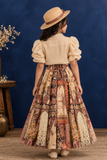 Ivory Puff Sleeve Top with Boho Printed Flared Skirt Set for Girls