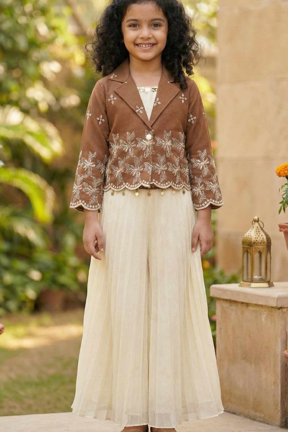 Brown and Cream Embroidered Wide Legged Pant Set With Jacket For Girls