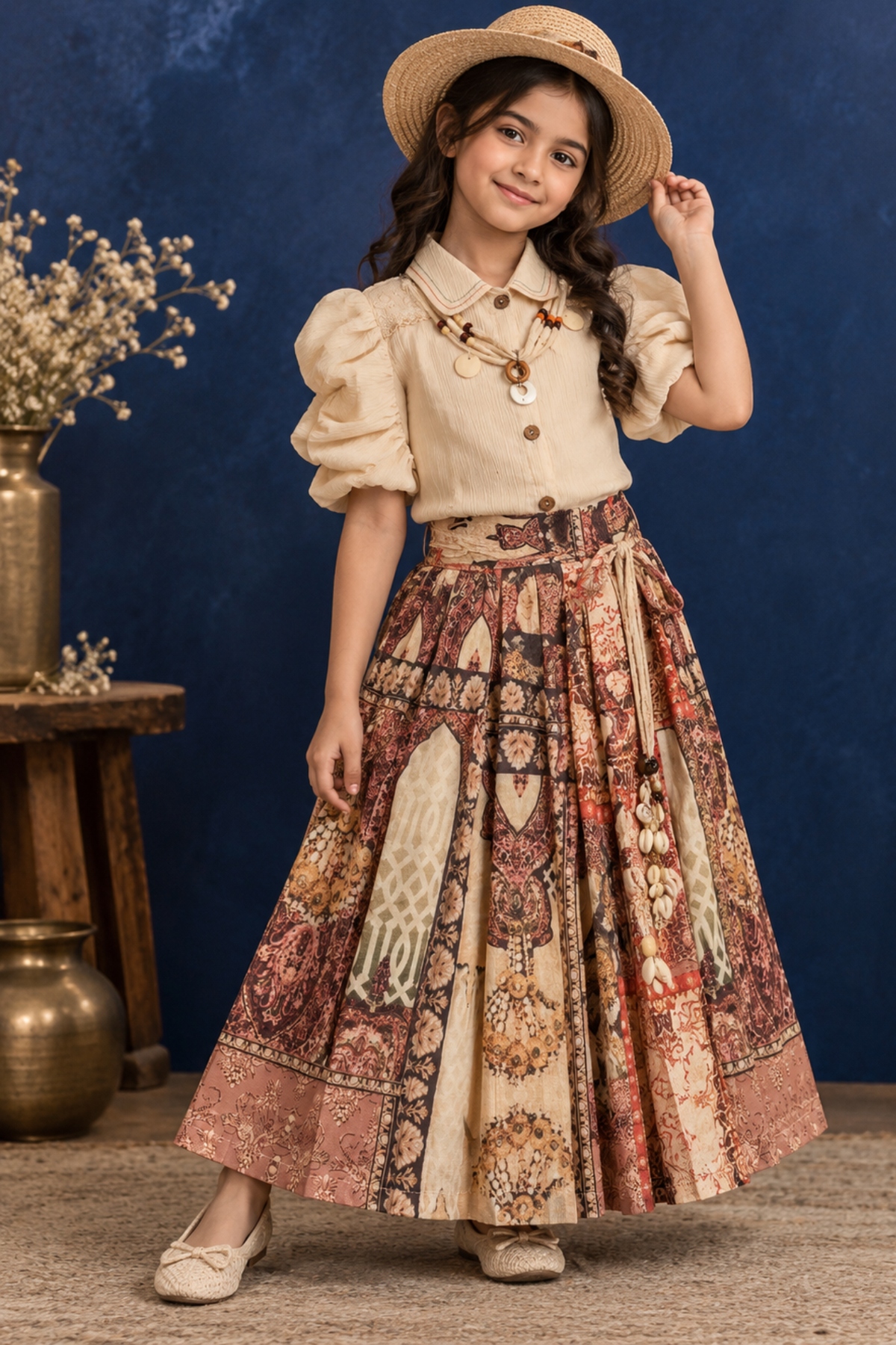 Ivory Puff Sleeve Top with Boho Printed Flared Skirt Set for Girls