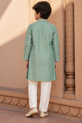 Boys Ethnic Mint Green Crushed Tissue Embriodered Kurta Pajama Set