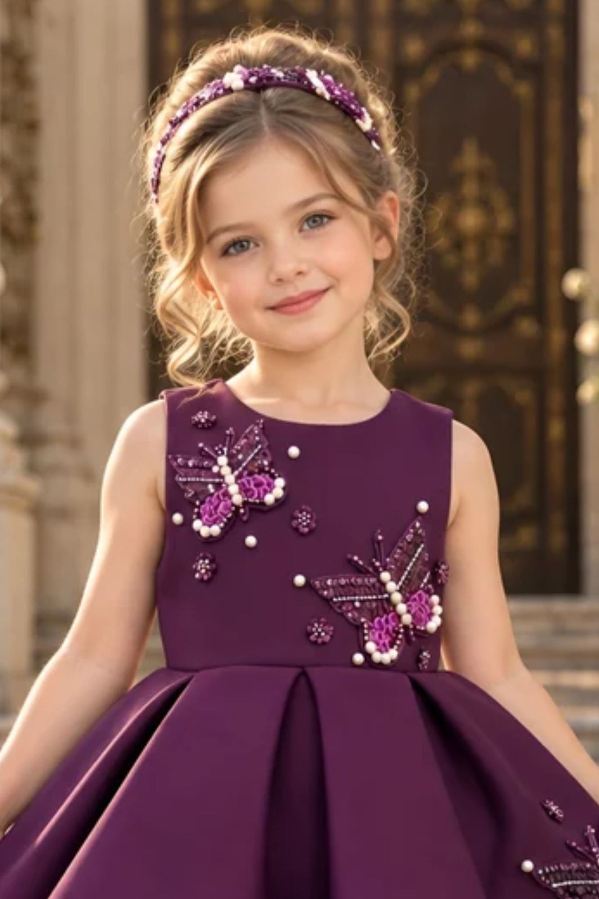 Girls Wine Butterfly Embellished High-Low Tail Back  Party Wear Frock